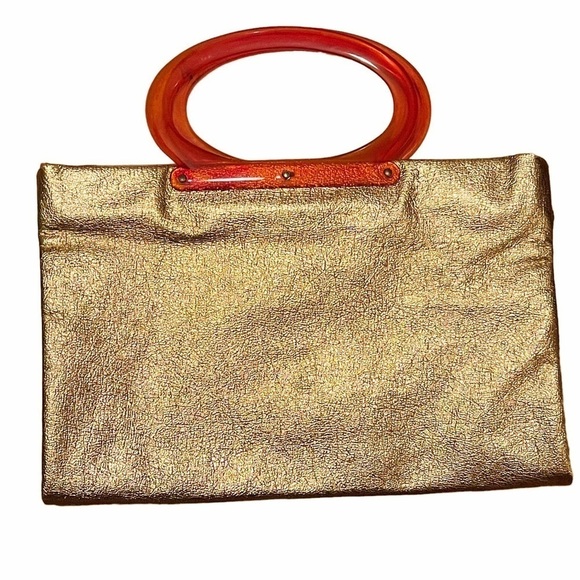 Vintage Handbags - Vintage 60s Large Gold Metallic Tote Bag Clutch Purse With Orange Lucite Handles